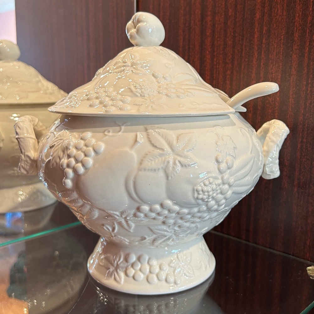 Vintage Farmhouse White Soup Tureen with Embossed Fruit, Lid and Ladle